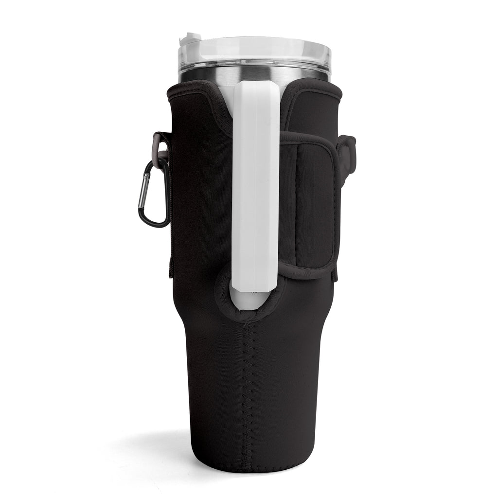 Rear view of black tumbler carrier showing cup handle access and strap attachments