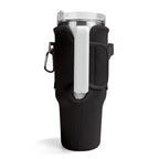 Rear view of black tumbler carrier showing cup handle access and strap attachments