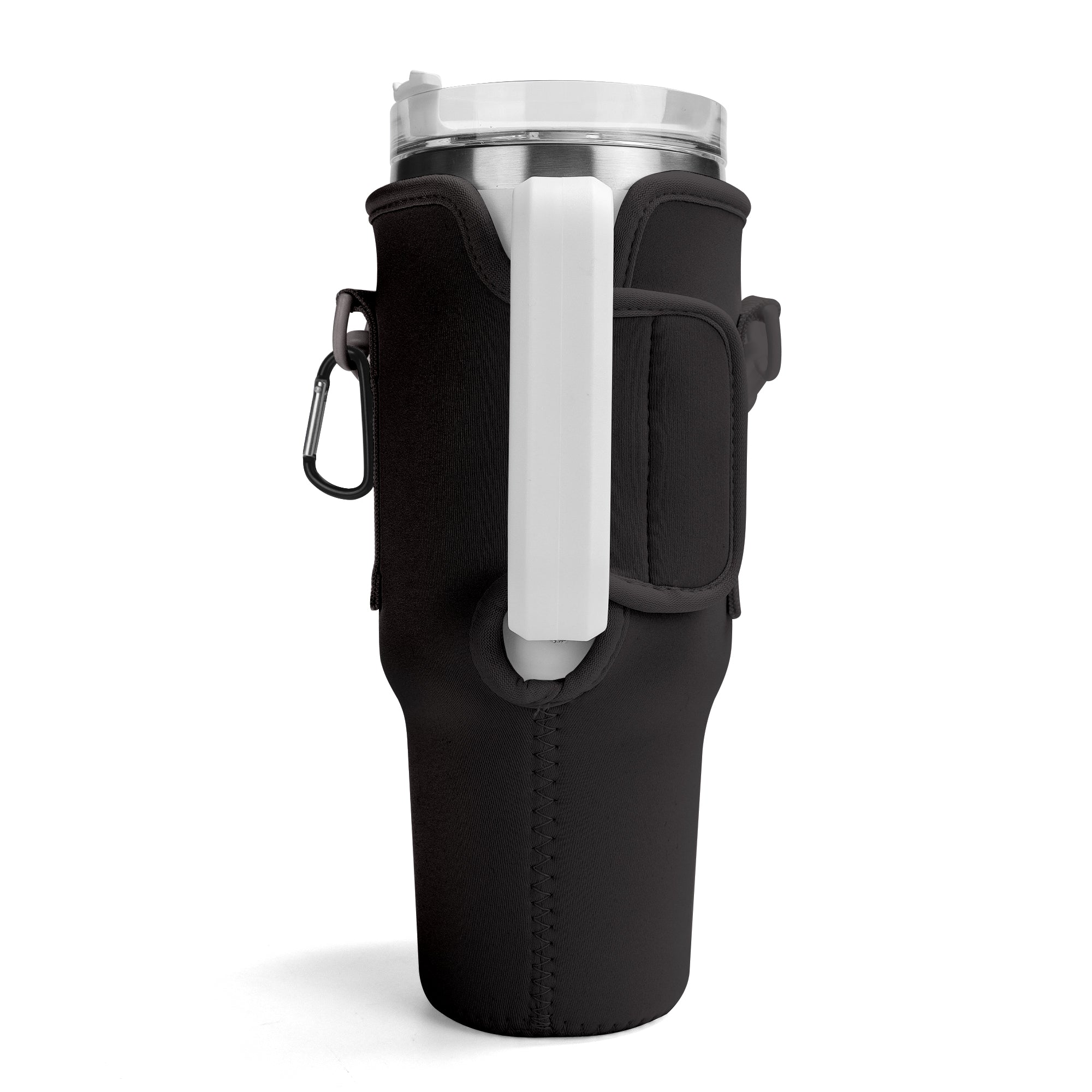 Rear view of black tumbler carrier showing cup handle access and strap attachments