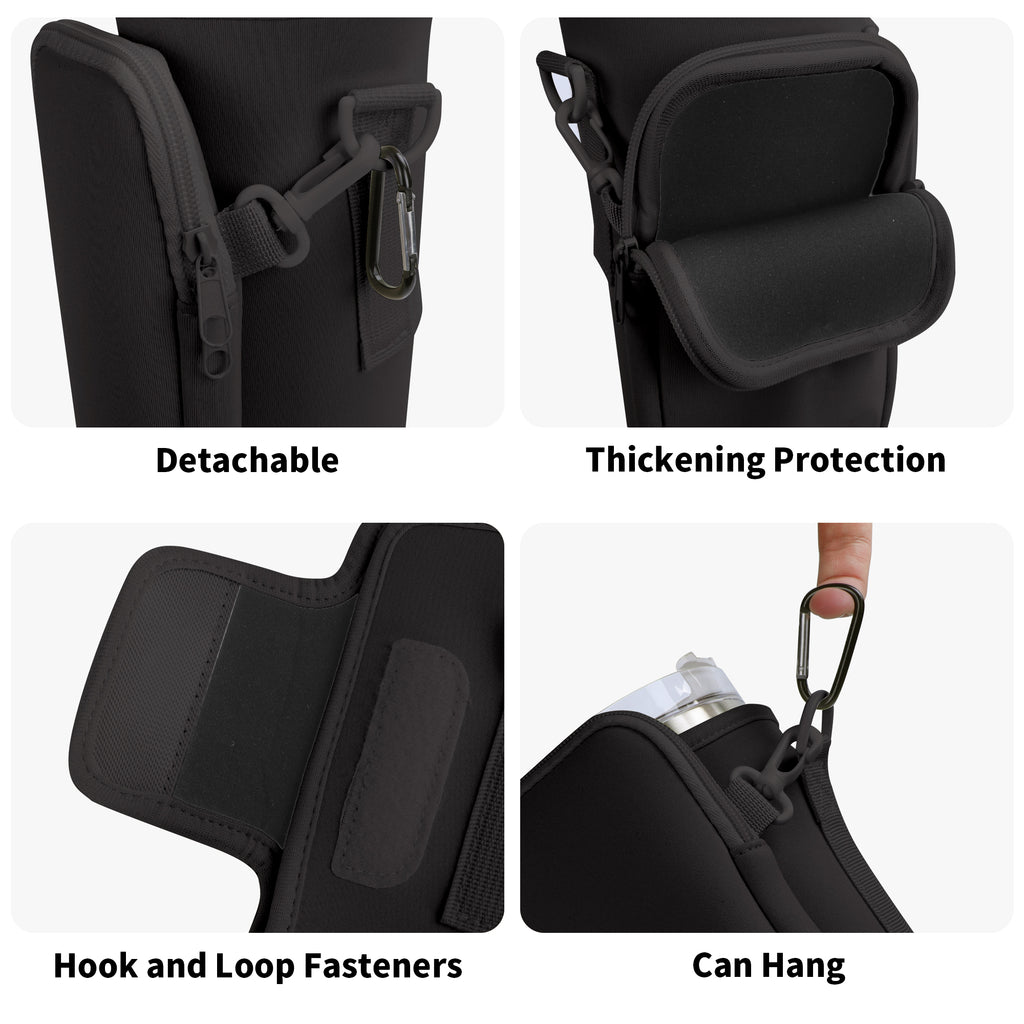 Close-up details of the bottle carrier detachable strap, padded pocket, hook-and-loop fastener and hanging clip