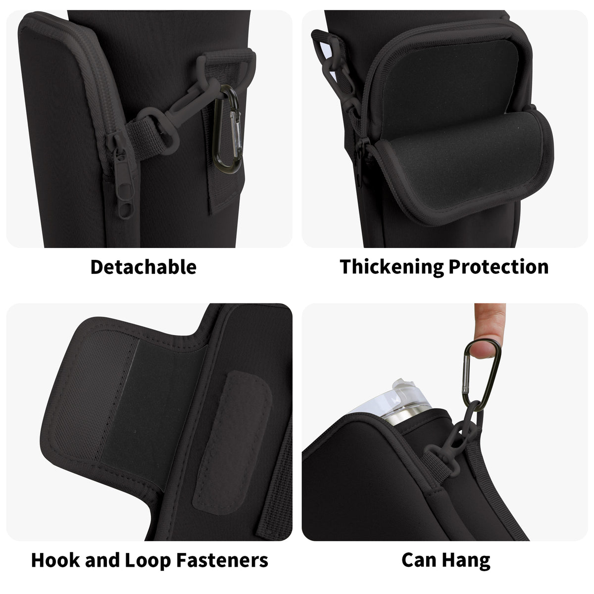 Close-up details of the bottle carrier detachable strap, padded pocket, hook-and-loop fastener and hanging clip