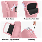 Pink tumbler carrier details showing detachable clips, padded pocket and hook-and-loop fastening
