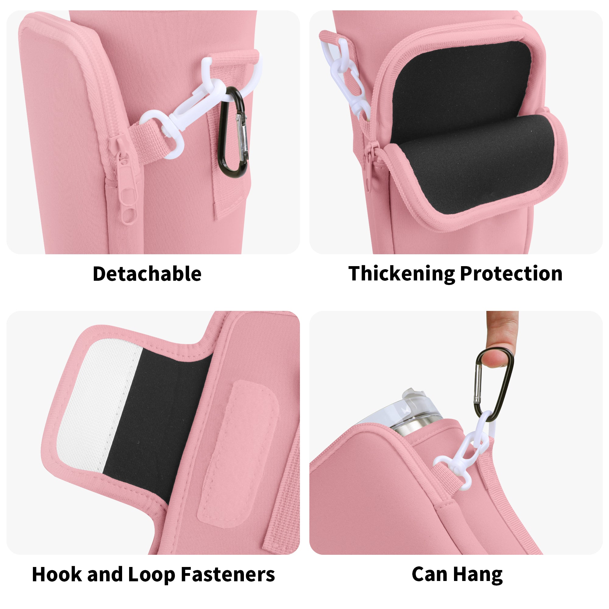 Pink tumbler carrier details showing detachable clips, padded pocket and hook-and-loop fastening