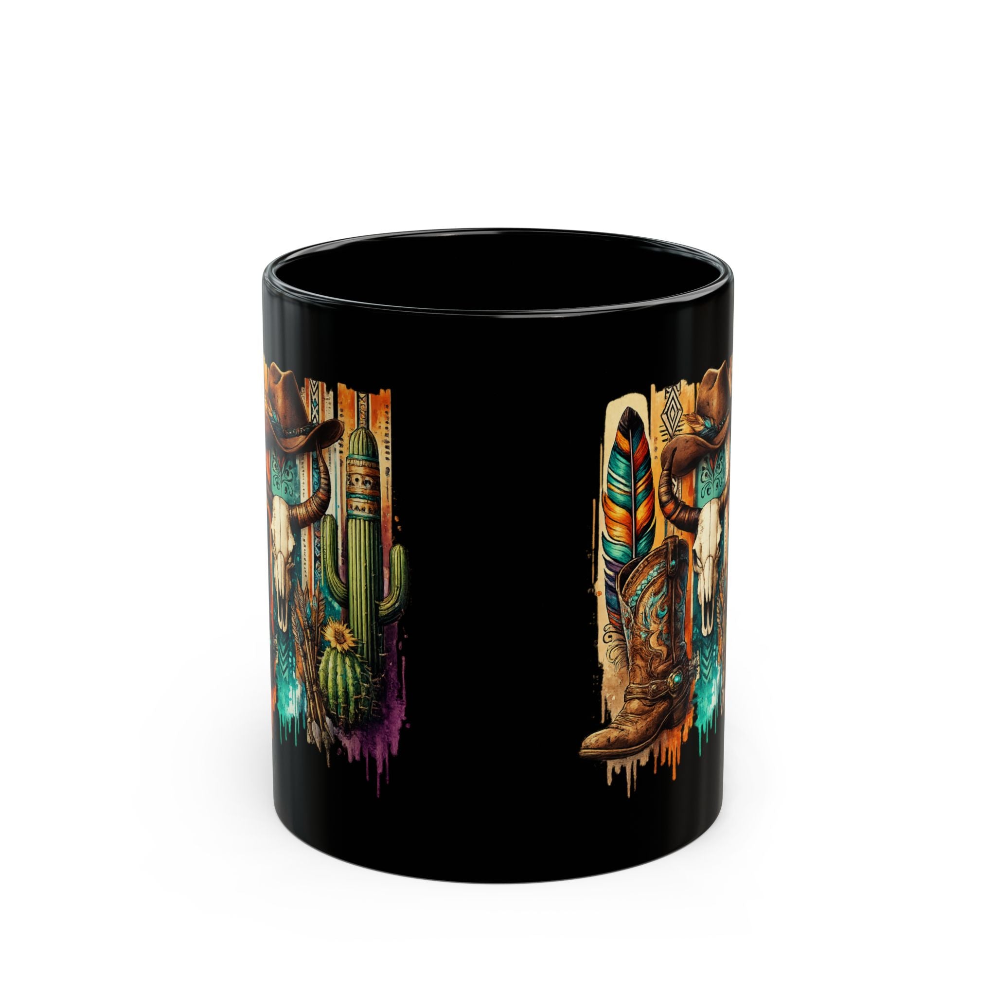 Southwestern Cowboy Skull black ceramic mug shown from the front