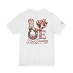 Women’s LOVE Line Dancing tee showing the Western heart and cowboy boot artwork