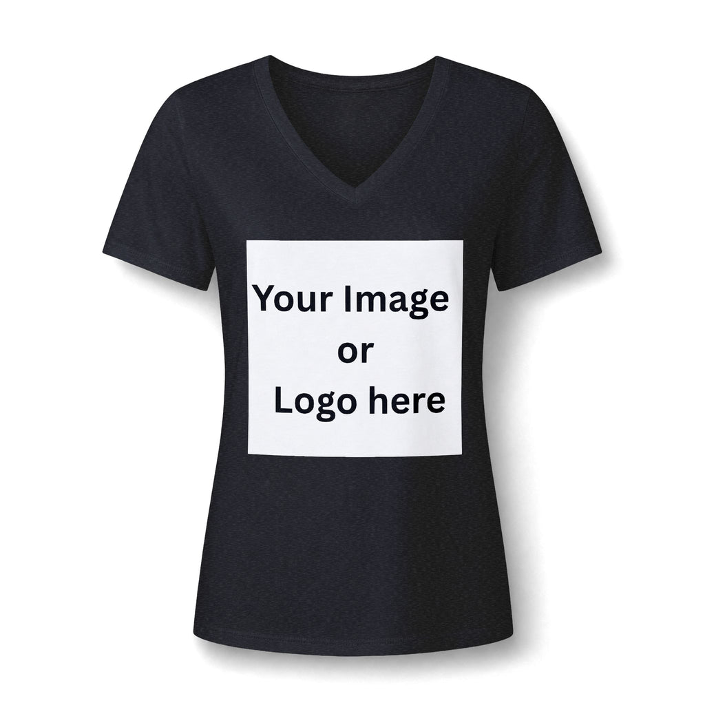Black heather women's relaxed V-neck T-shirt front with custom image or logo print area