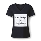 Black heather women's relaxed V-neck T-shirt front with custom image or logo print area