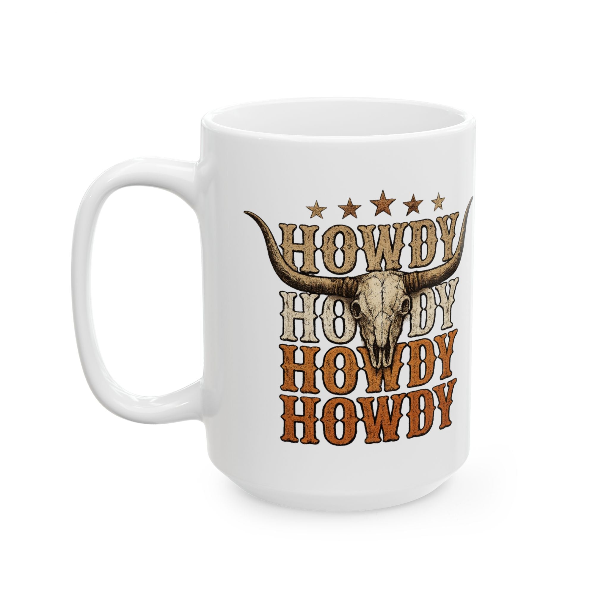Howdy Cowboy Longhorn ceramic mug shown from an alternate angle