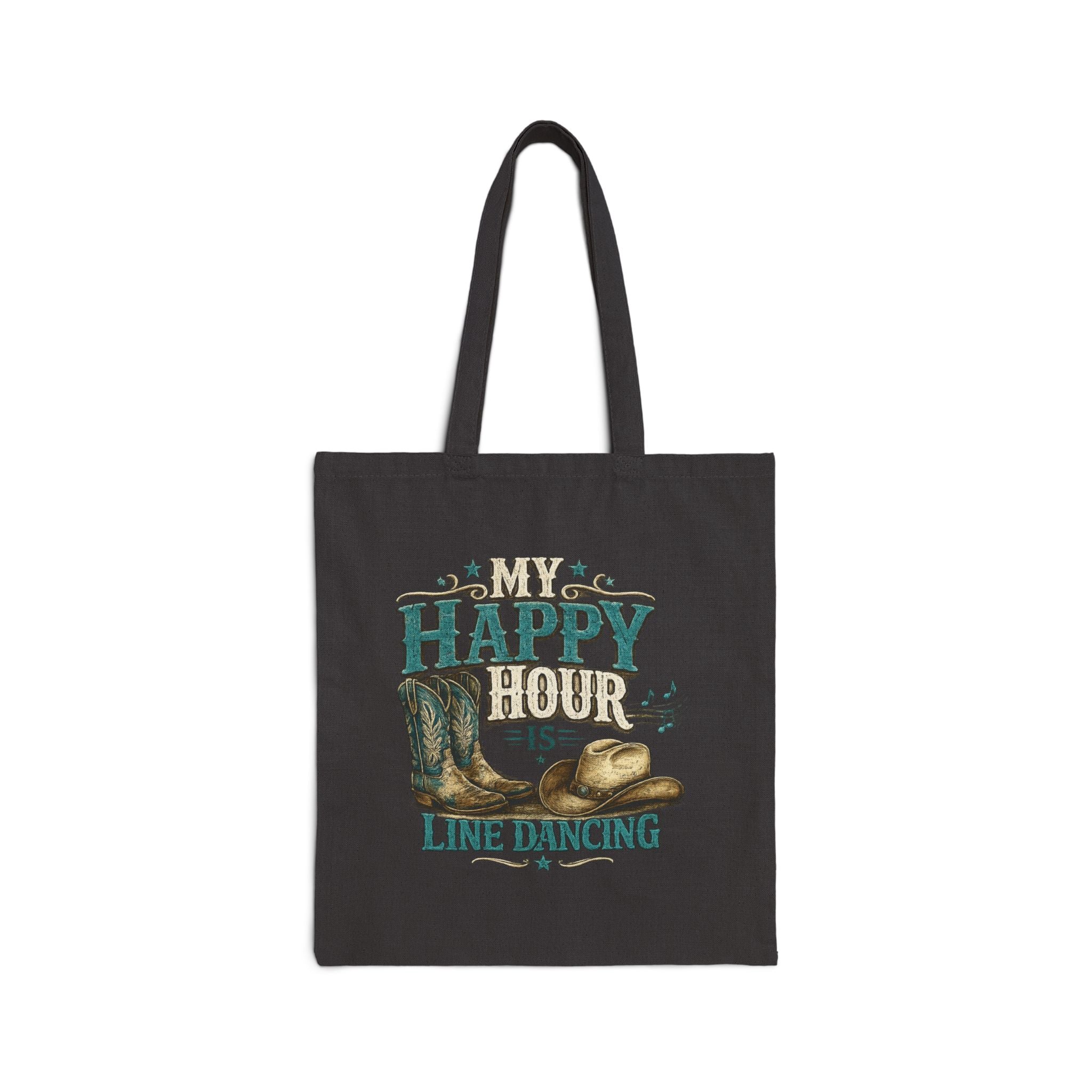 Natural cotton canvas tote bag featuring cowboy boots, hat and musical notes.