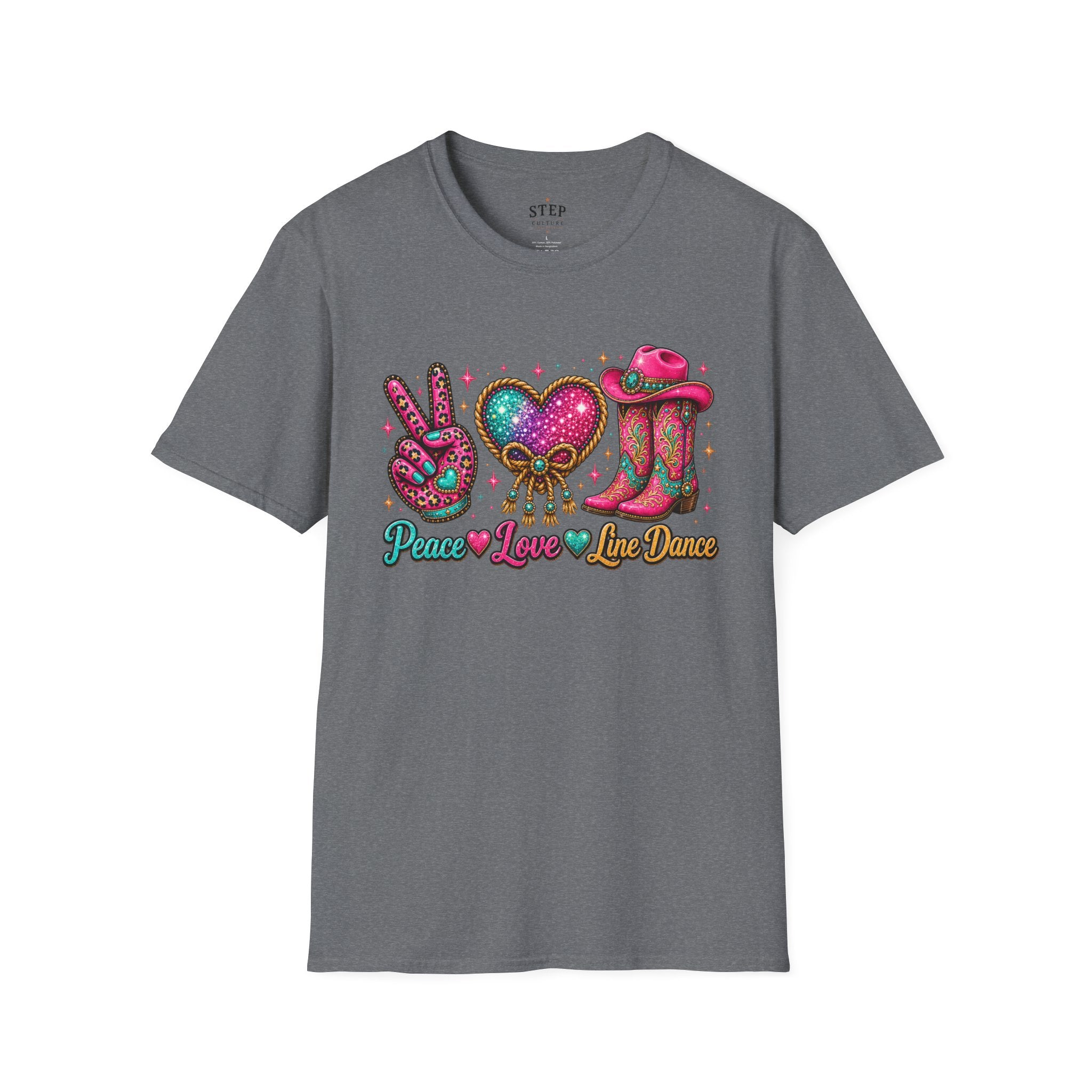 Dark Heather Peace Love Line Dance sparkling Western cowgirl T-shirt