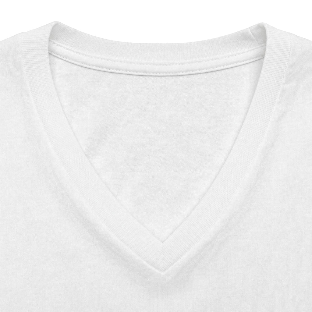 White personalised women's relaxed V-neck T-shirt fabric and neckline detail