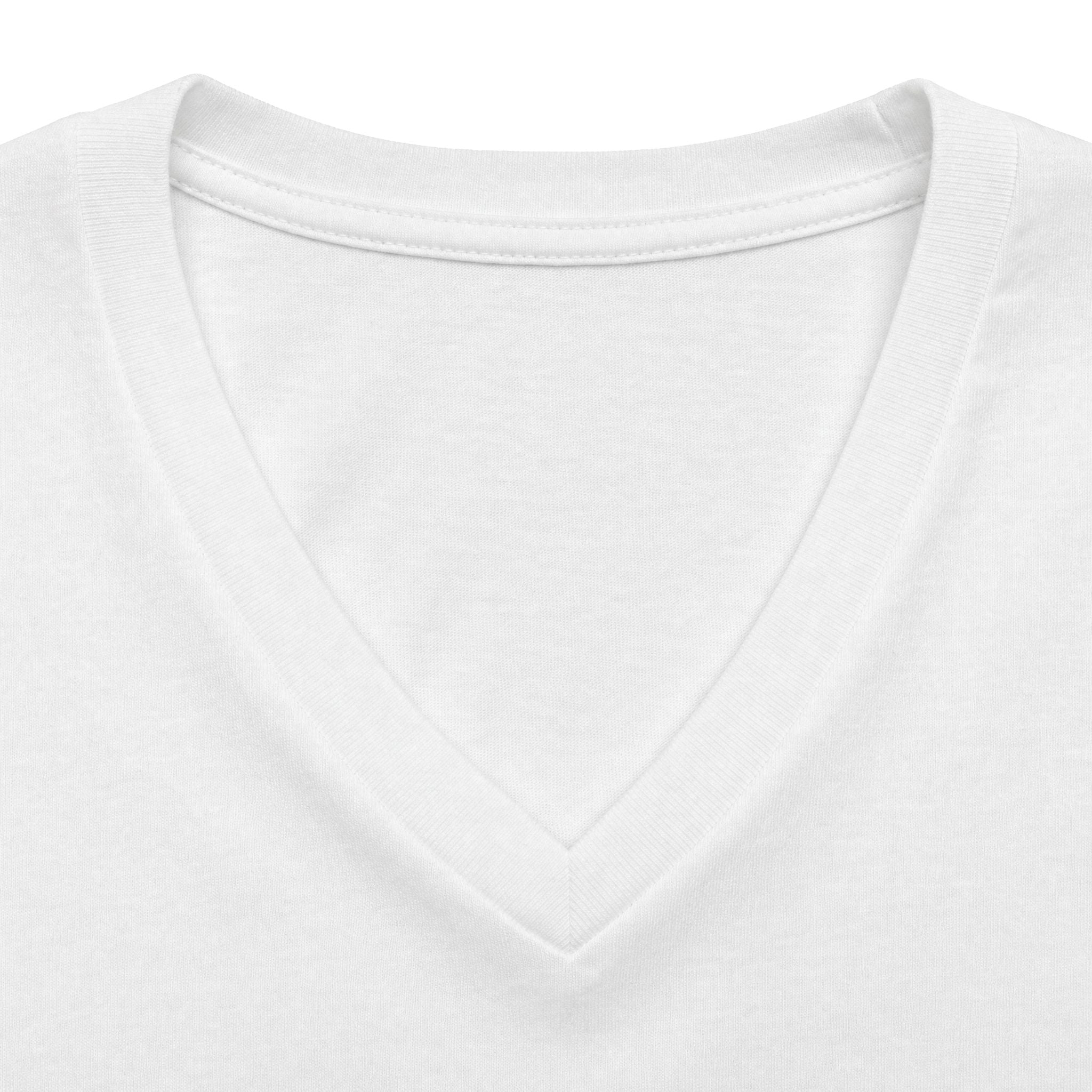 White personalised women's relaxed V-neck T-shirt fabric and neckline detail