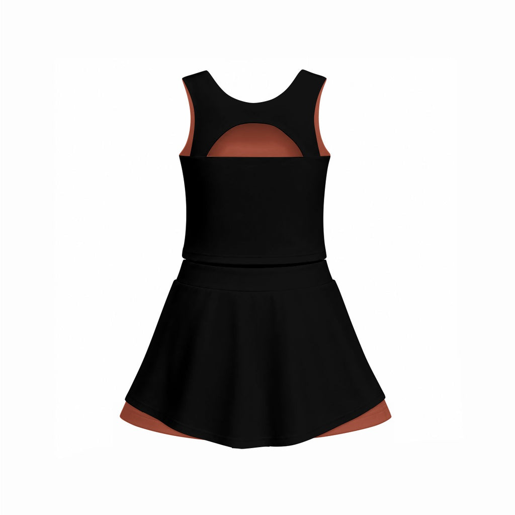 Back view of the I Love Line Dancing two-piece skort set with open-back top