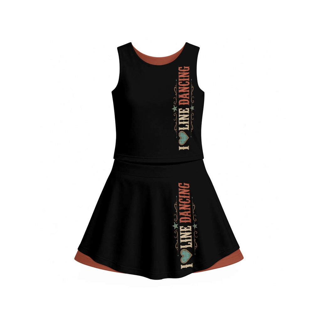 Front view of the I Love Line Dancing sleeveless top and triple-layer skort set