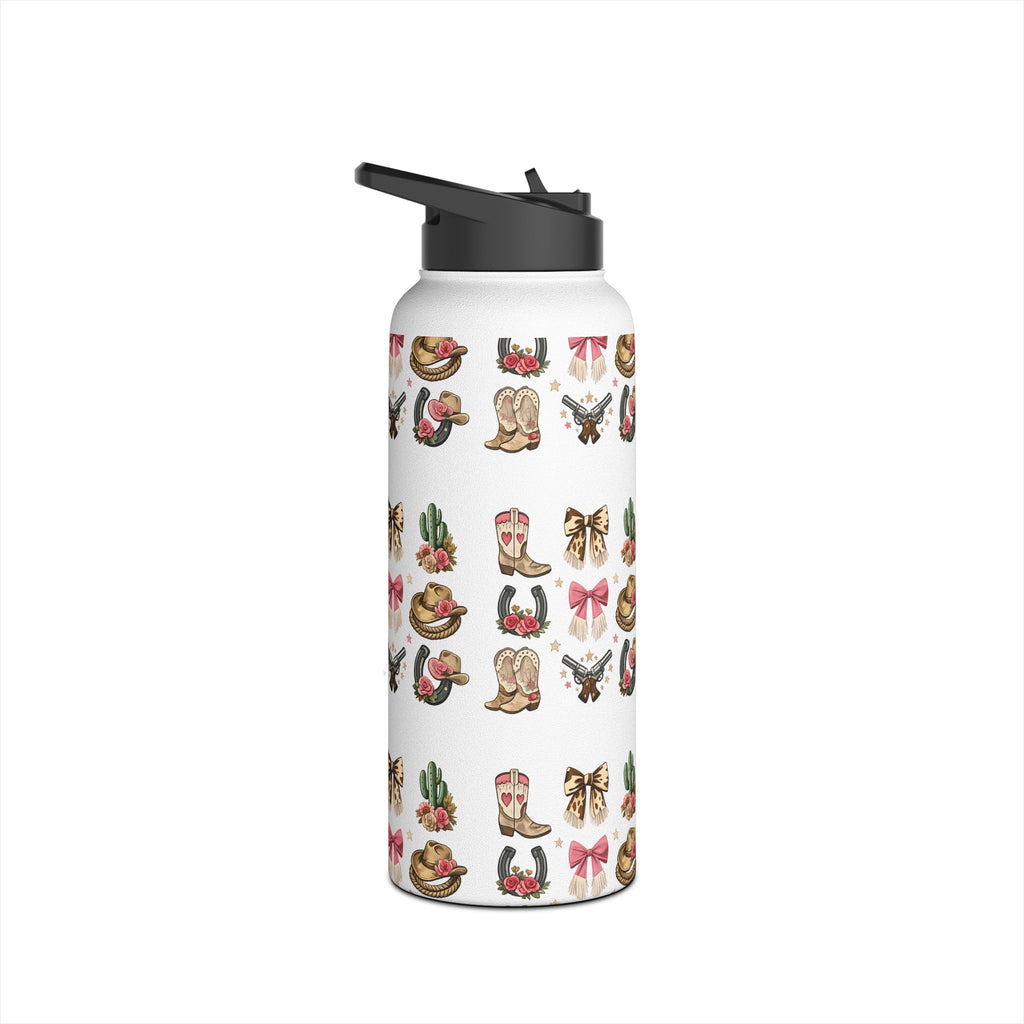 Western Icons reusable water bottle with boots, bows, hats and cactus print
