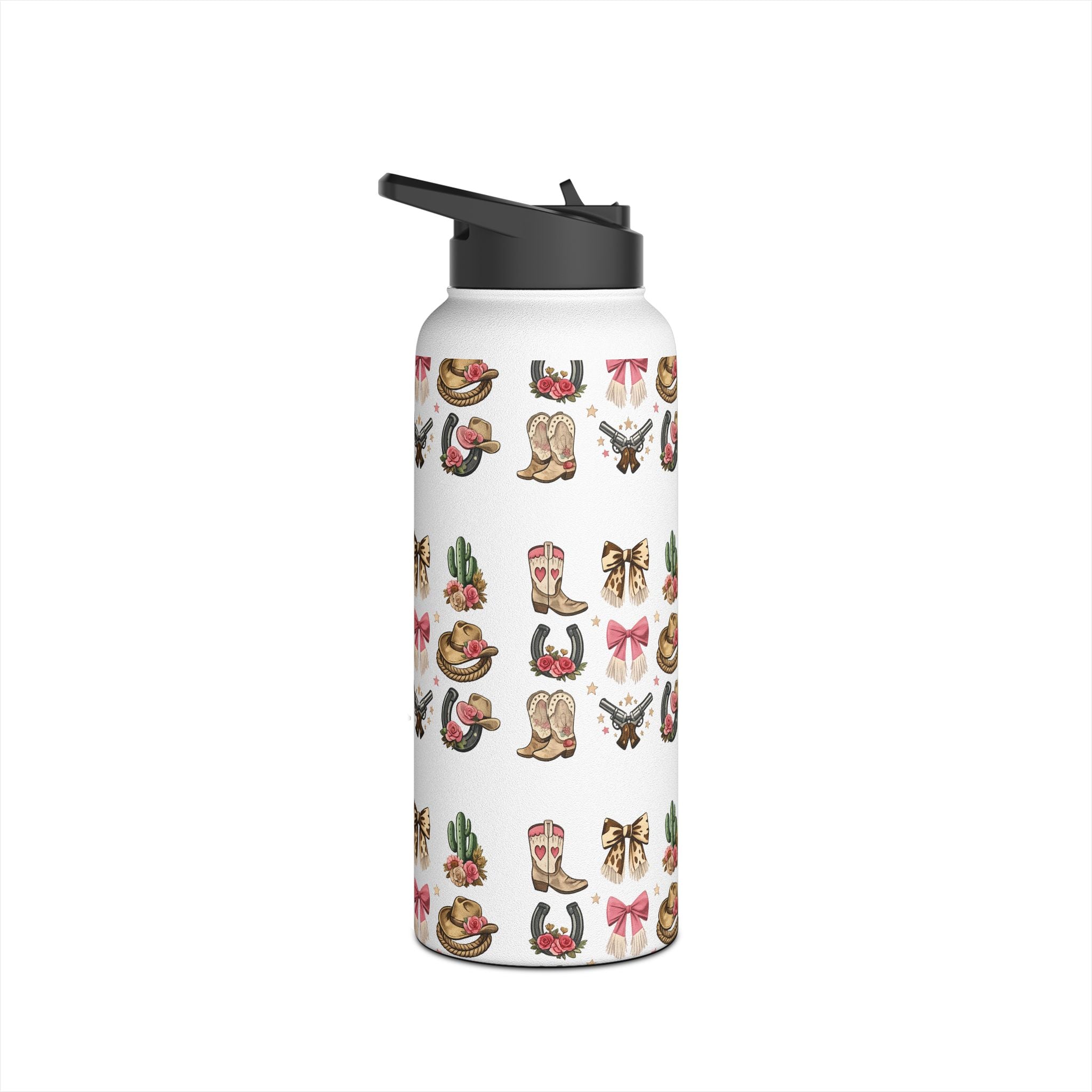 Western Icons reusable water bottle with boots, bows, hats and cactus print