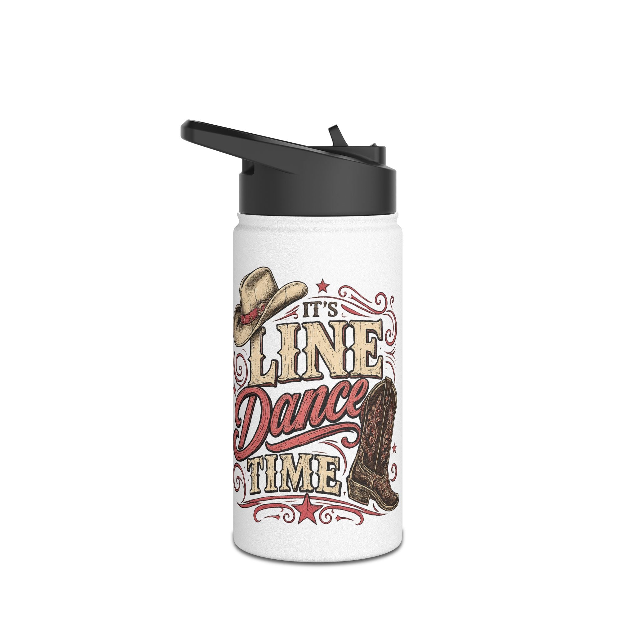 It's Line Dance Time personalised stainless steel bottle shown from the front