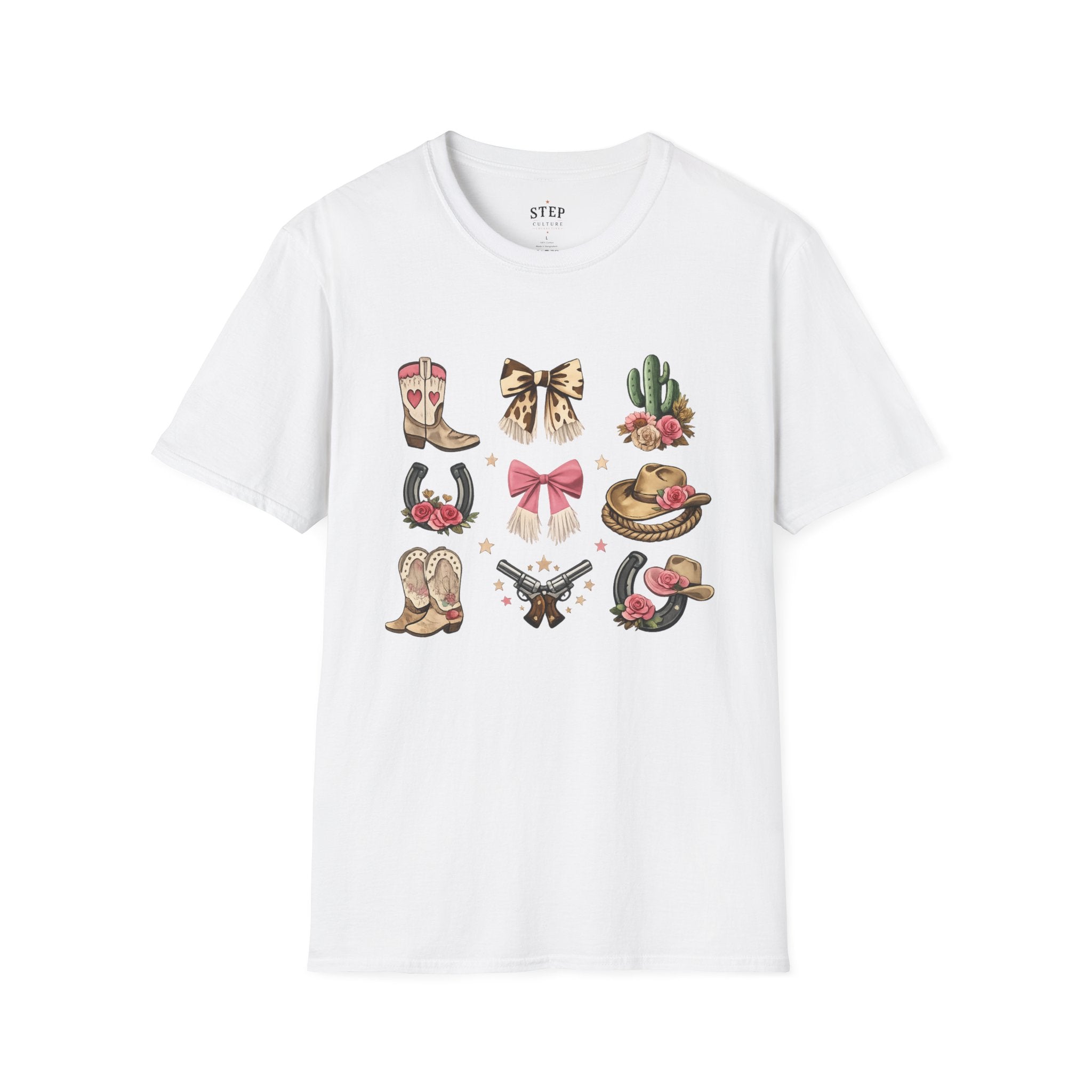 Women’s Western Icons tee with cowboy boots, bows and cactus print
