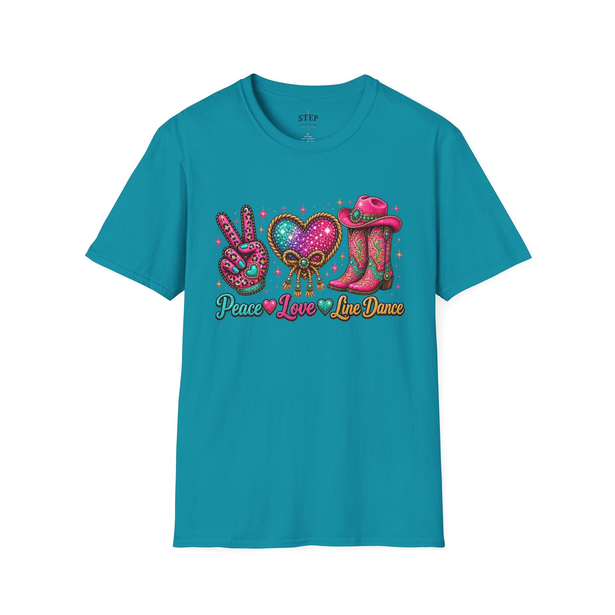Tropical Blue Peace Love Line Dance sparkling Western cowgirl T-shirt