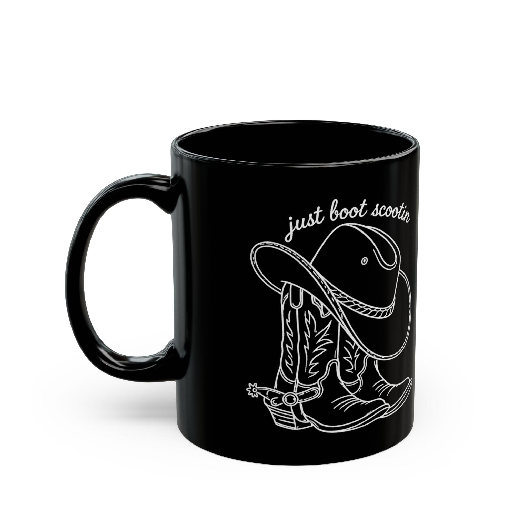 Just Boot Scootin black ceramic mug shown from the opposite side