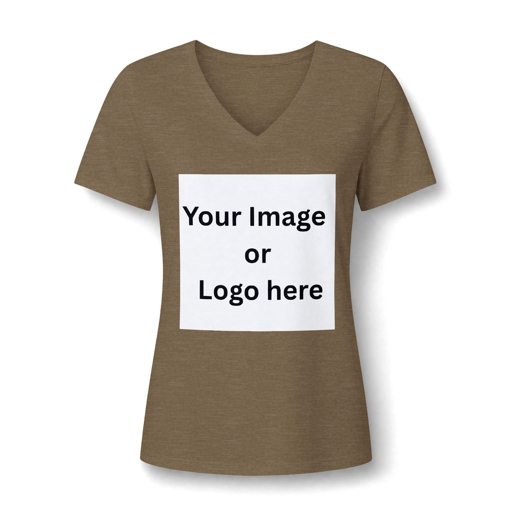 Heather olive women's relaxed V-neck T-shirt front with custom image or logo print area
