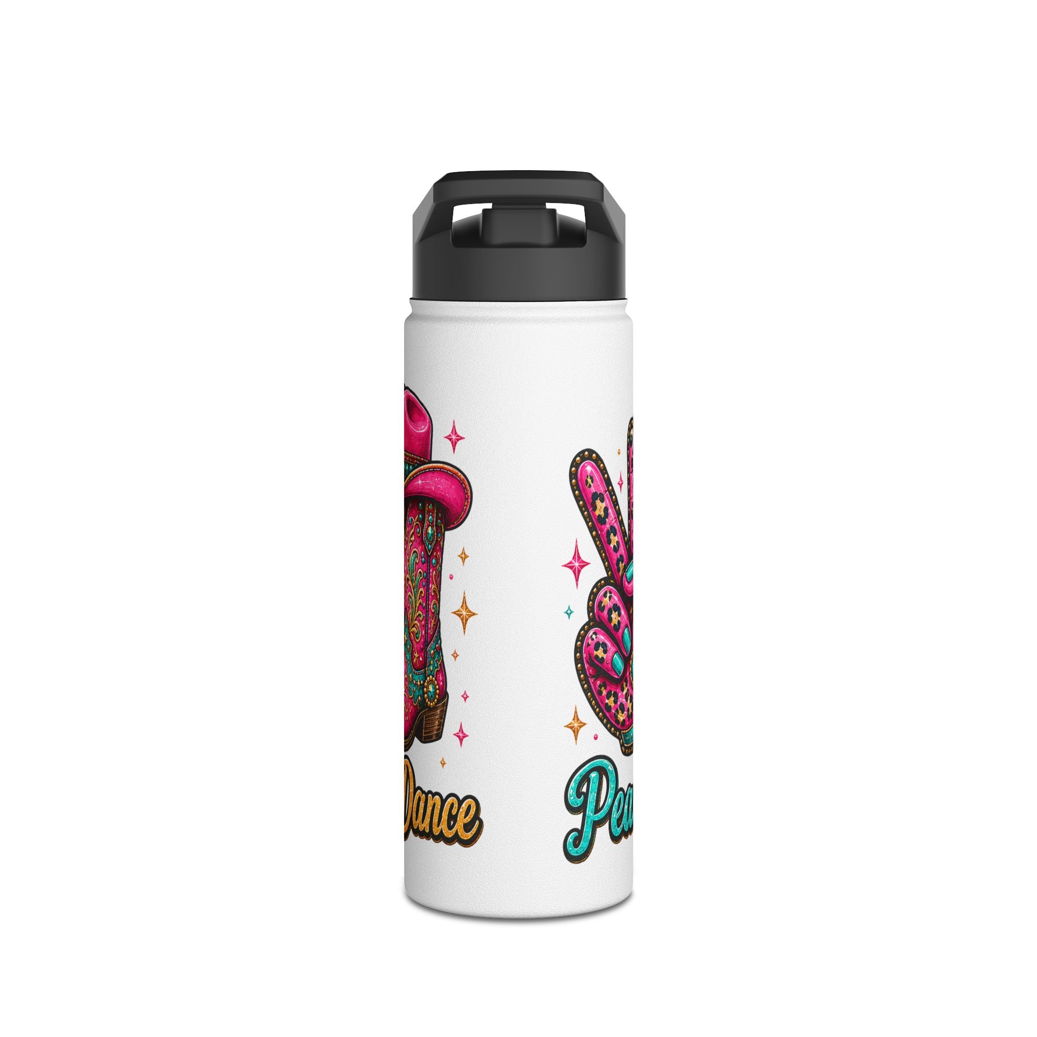 White stainless steel water bottle featuring the Peace Love Line Dance Western artwork