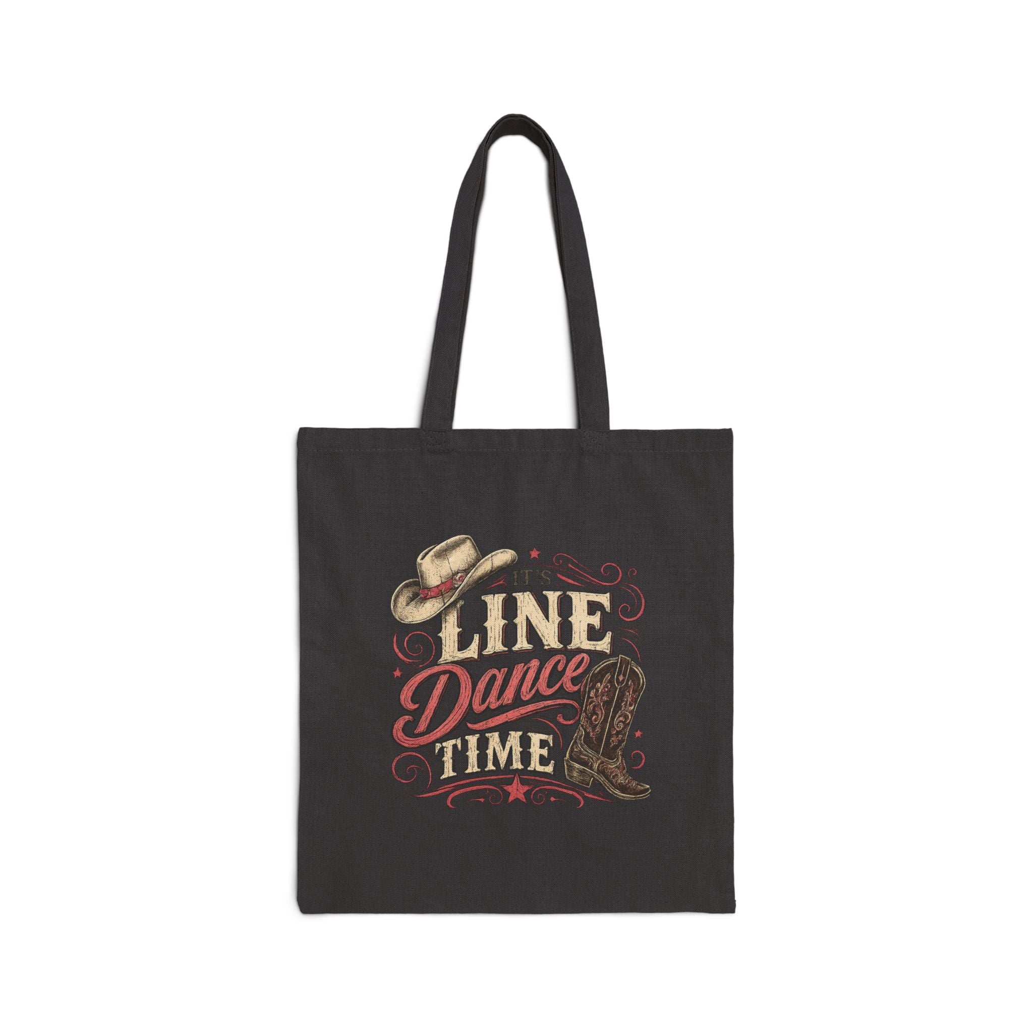 Natural cotton canvas tote bag featuring cowboy boots, hat and vintage line dancing lettering.