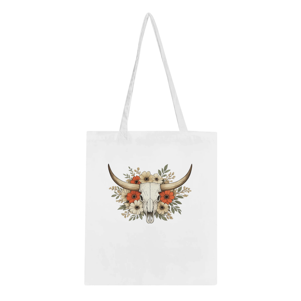 Natural cotton tote bag with detailed longhorn skull and floral western artwork.