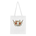 Natural cotton tote bag with detailed longhorn skull and floral western artwork.