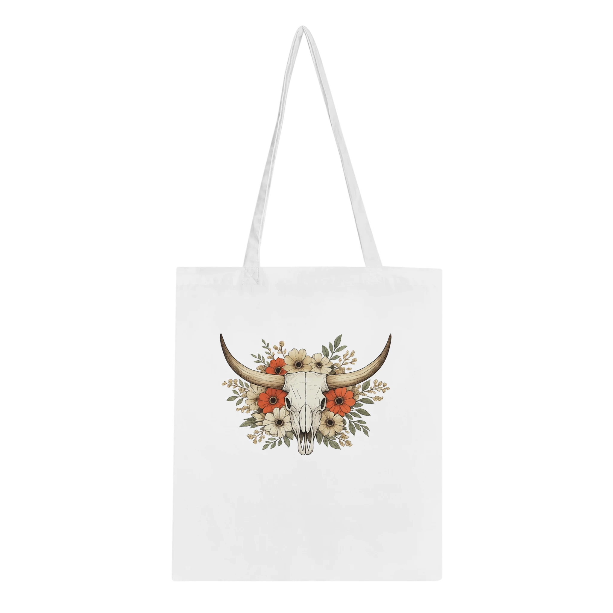 Natural cotton tote bag with detailed longhorn skull and floral western artwork.