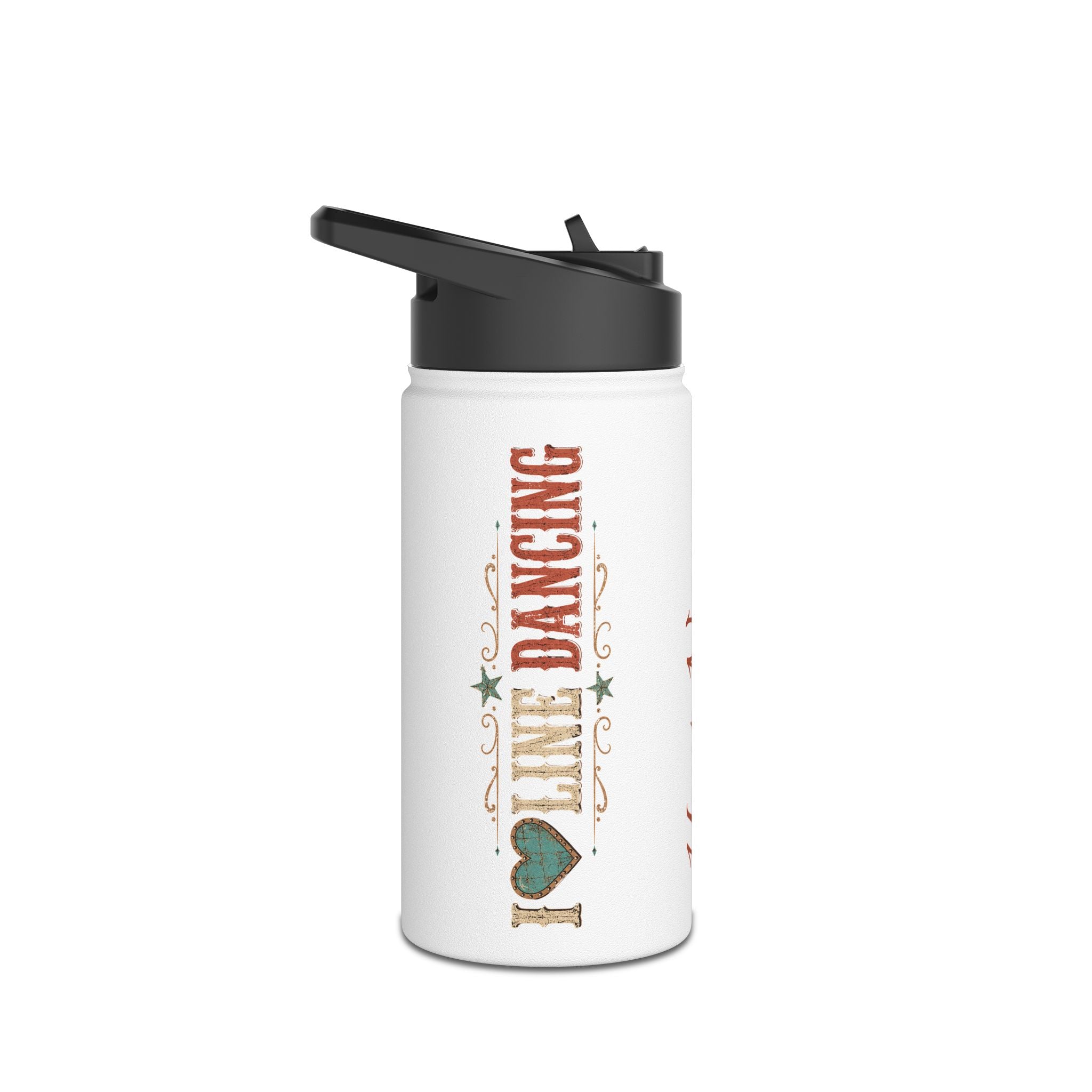 I Love Line Dancing personalised stainless steel water bottle shown from the front