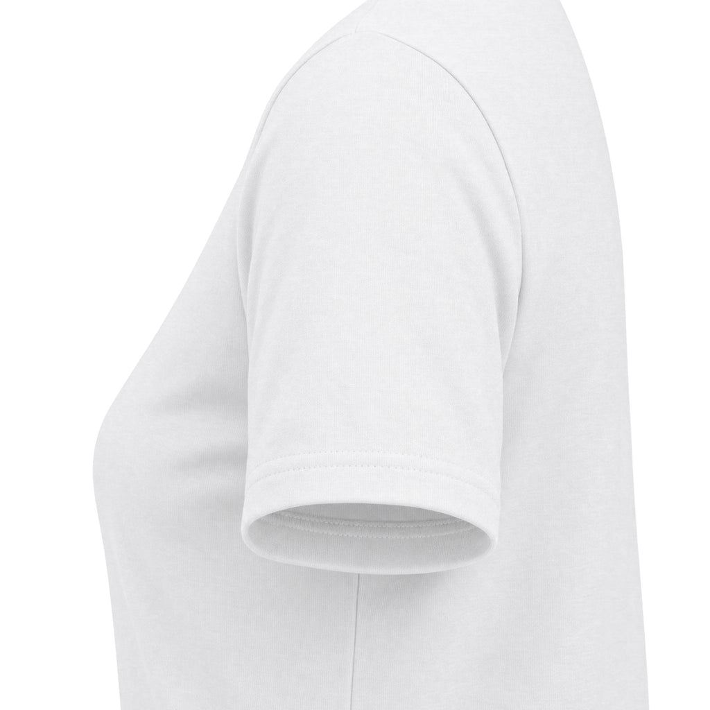 White women's relaxed V-neck T-shirt sleeve and side-seam detail