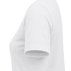 White women's relaxed V-neck T-shirt sleeve and side-seam detail