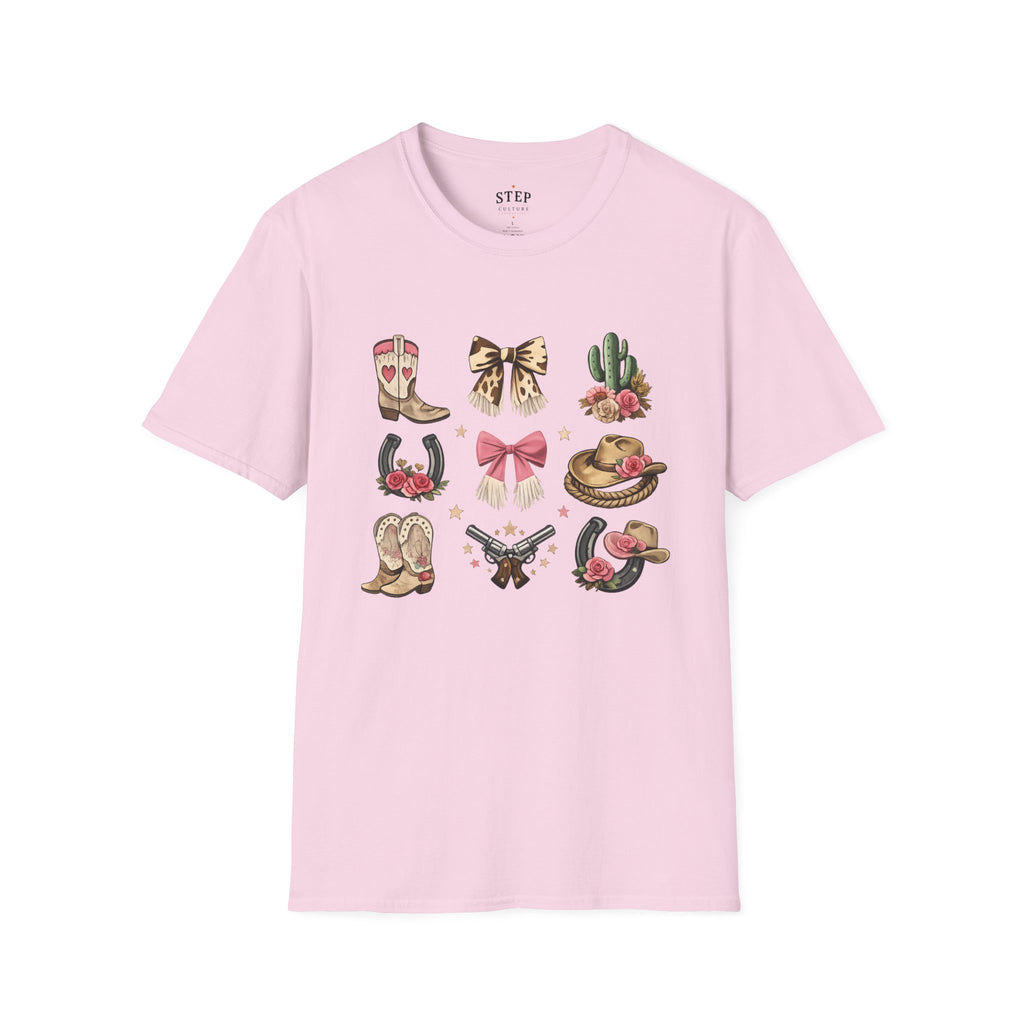 Women’s Western Icons graphic tee with boots, bows, hats and cactus artwork