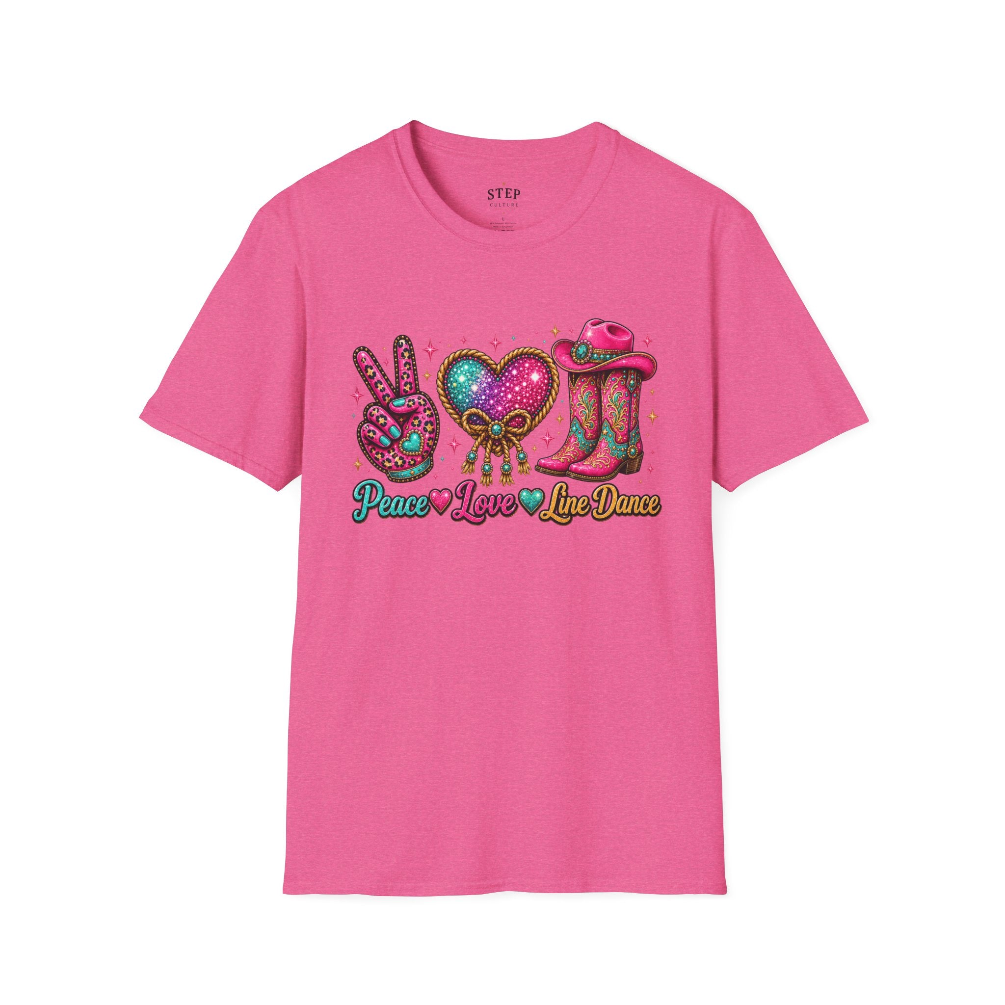 Heather Heliconia Peace Love Line Dance sparkling Western cowgirl T-shirt