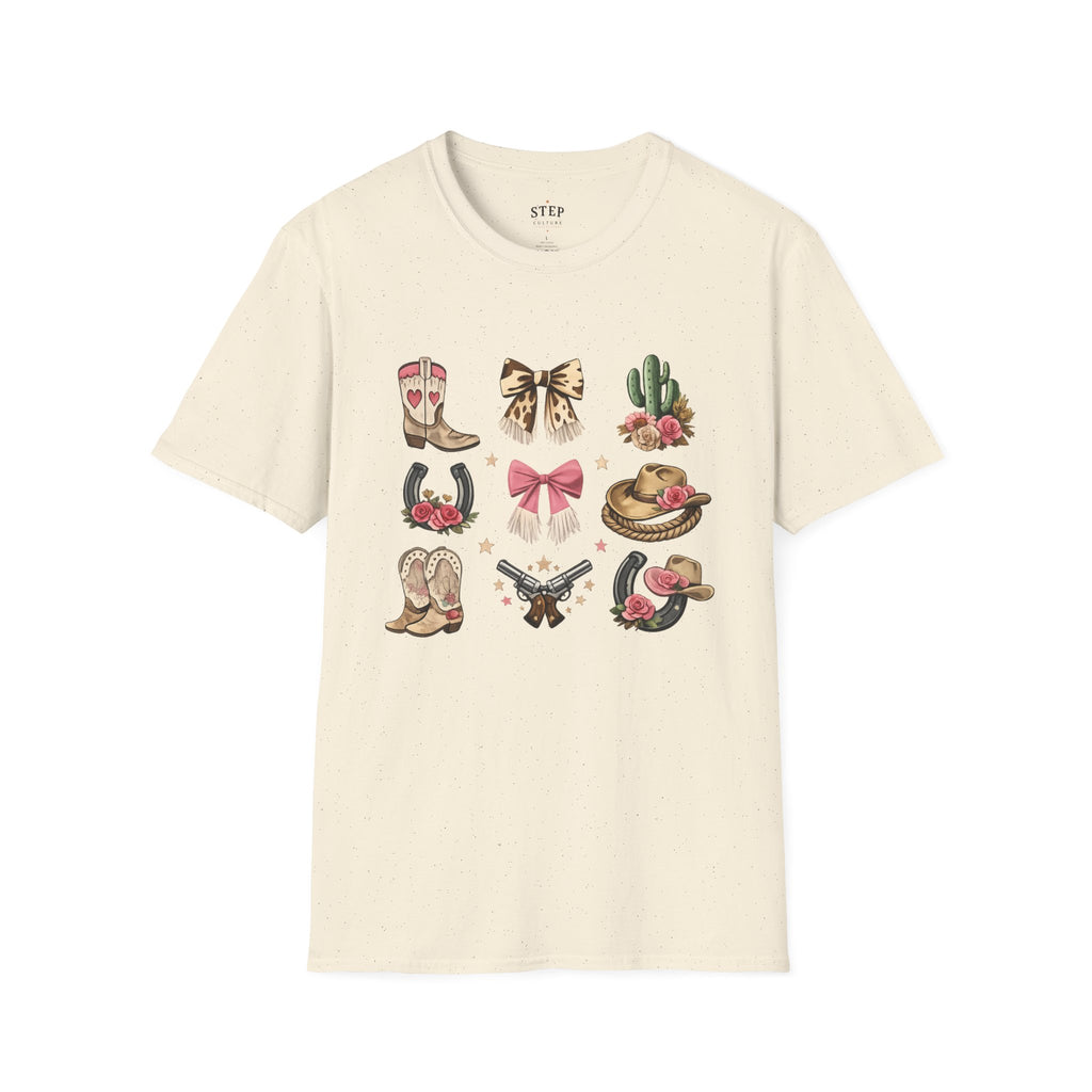 Women’s Western Icons graphic T-shirt with nine cowgirl motifs