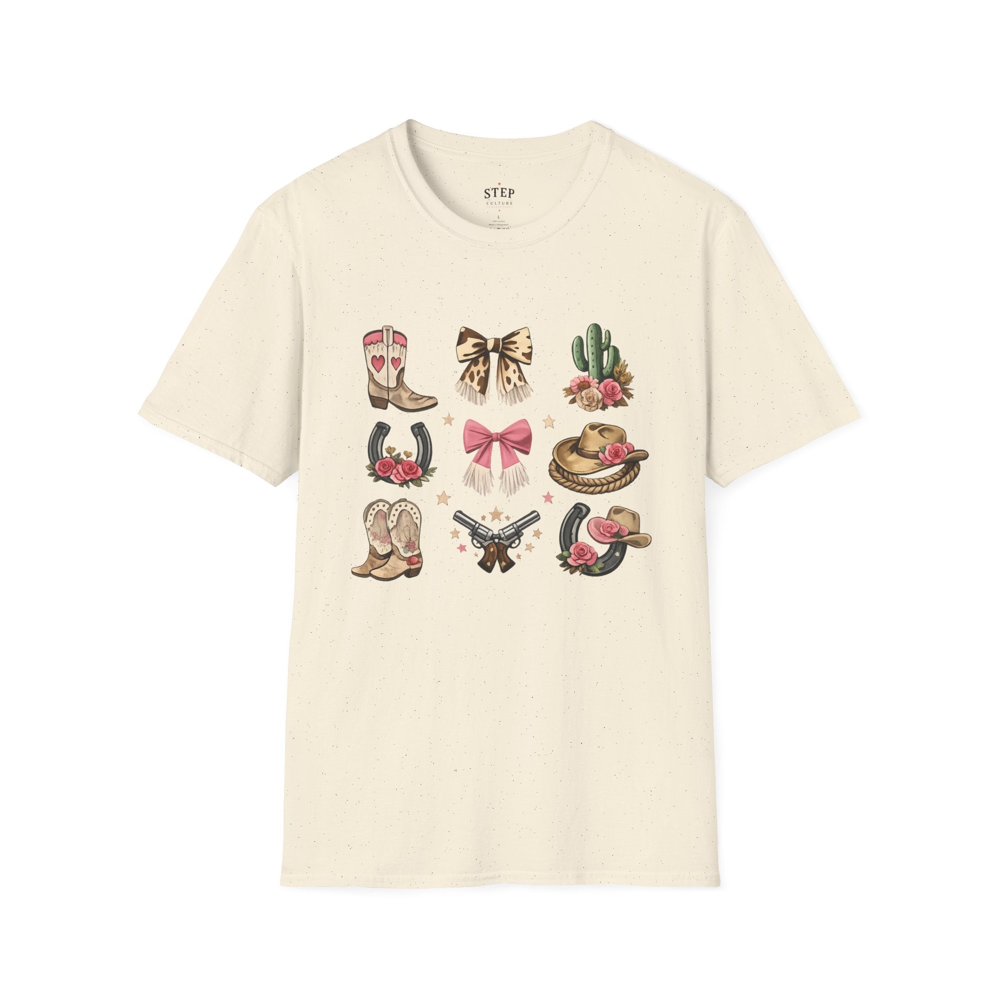 Women’s Western Icons graphic T-shirt with nine cowgirl motifs