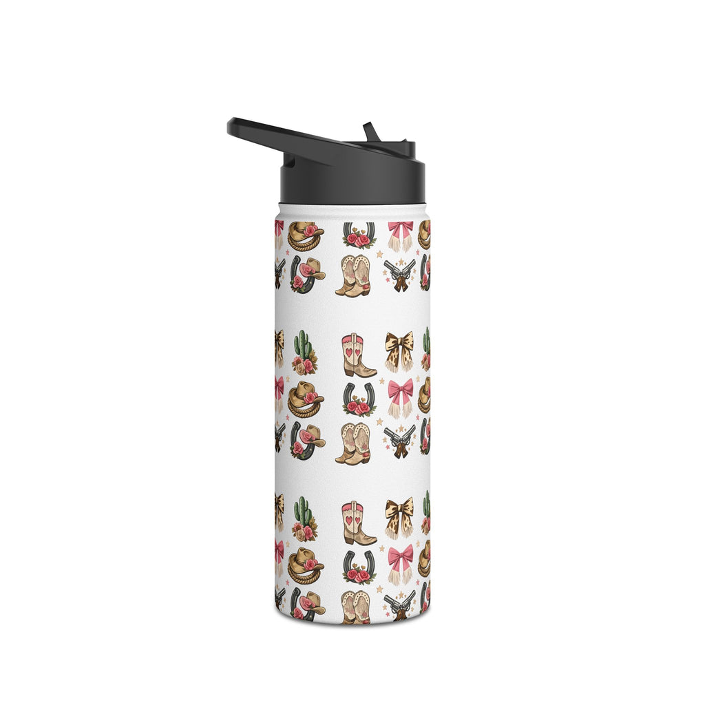 Western Icons stainless steel drink bottle showing the wraparound cowgirl pattern