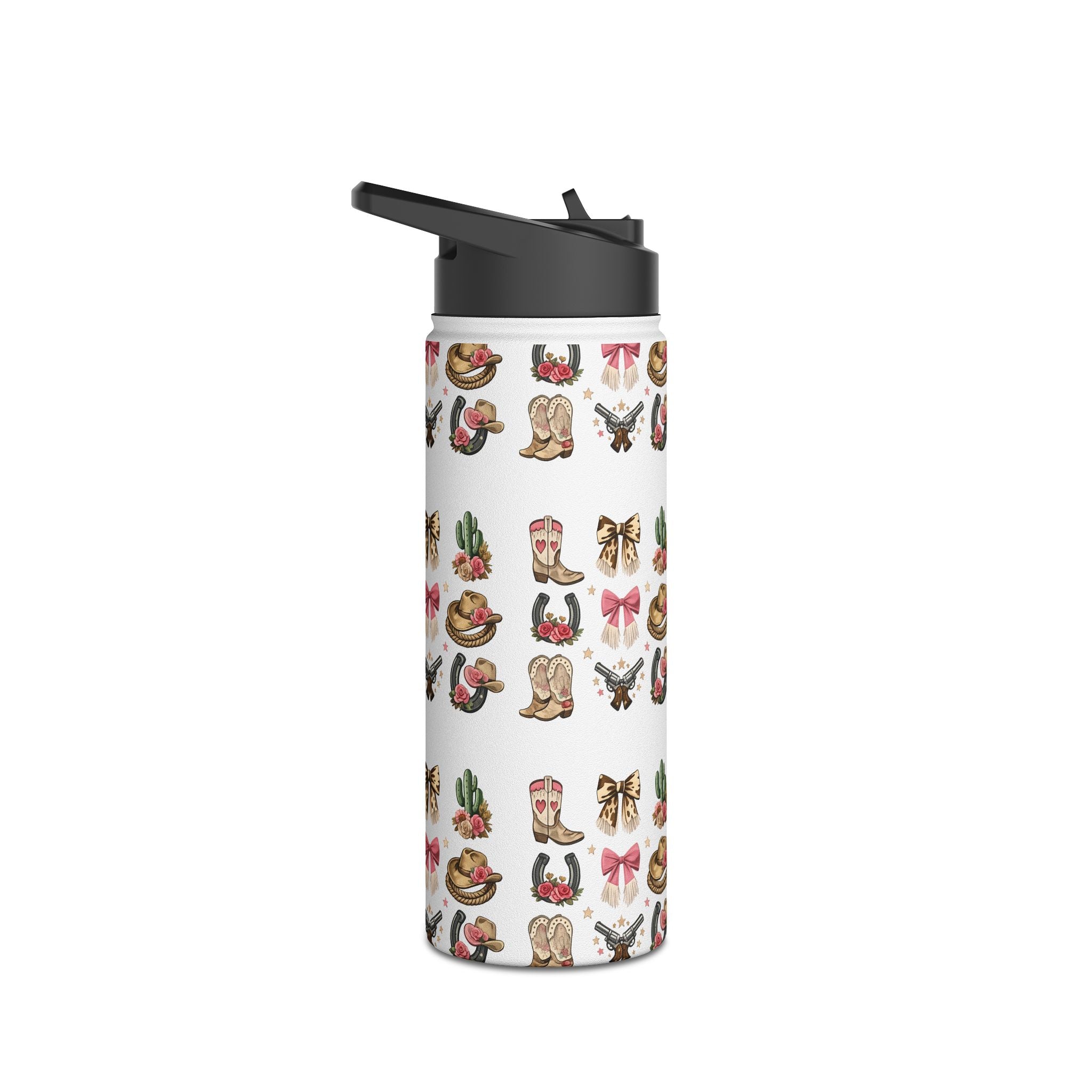 Western Icons stainless steel drink bottle showing the wraparound cowgirl pattern