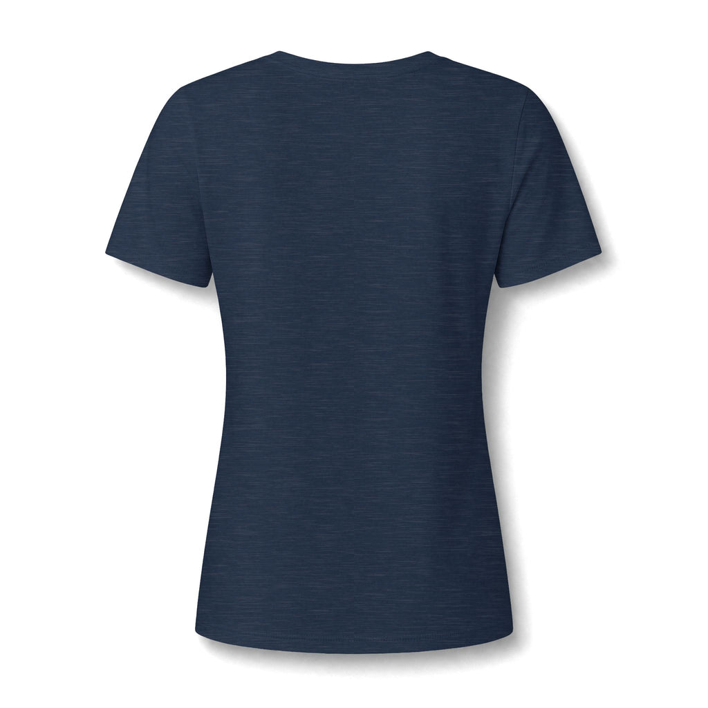 Heather navy women's relaxed V-neck T-shirt back view