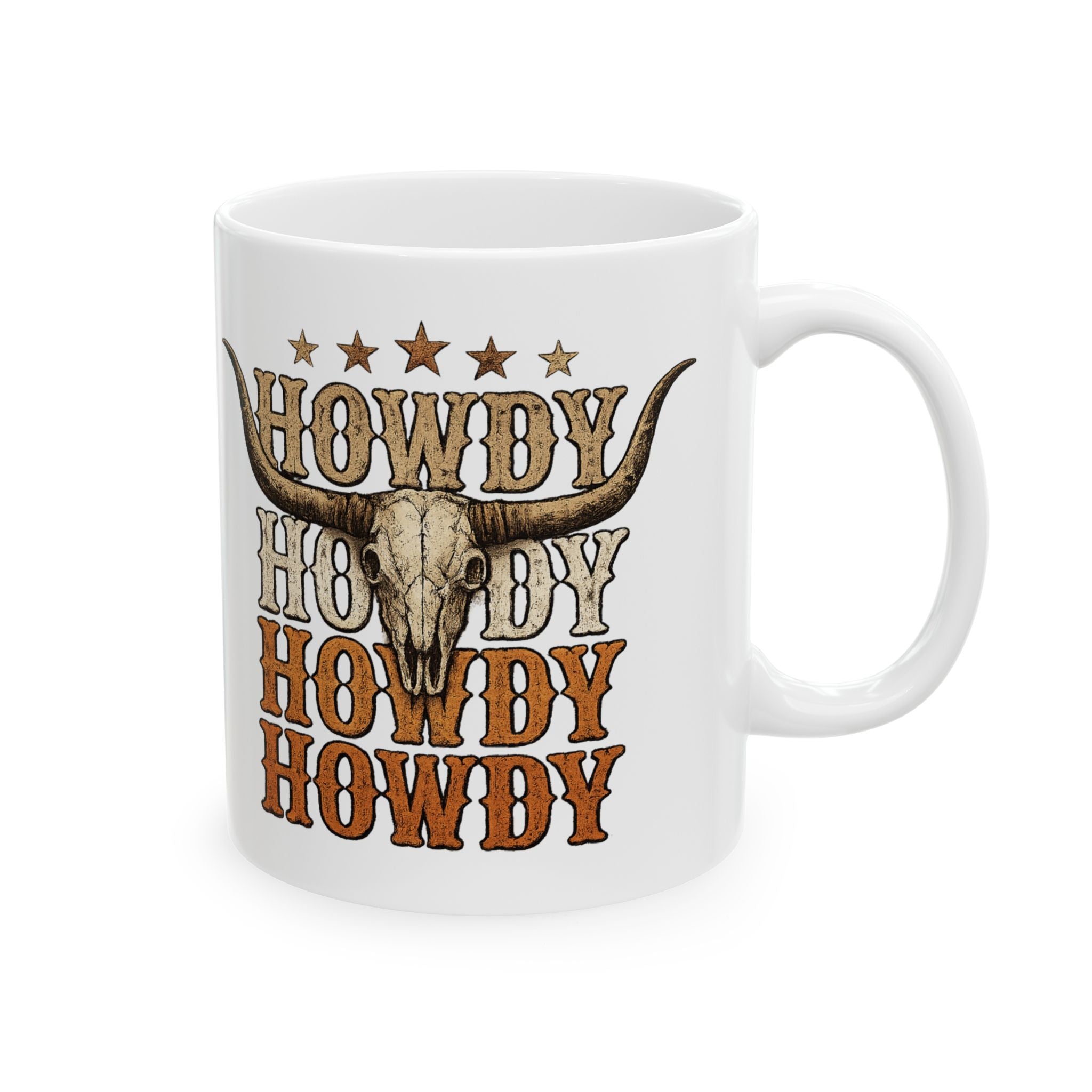 Howdy Cowboy Longhorn ceramic mug shown from the opposite side