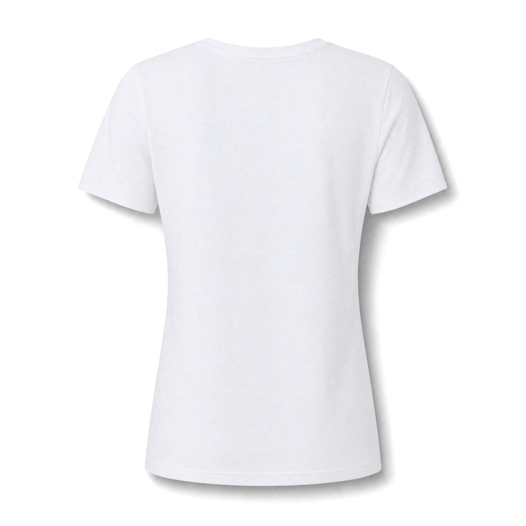 White women's relaxed V-neck T-shirt back view