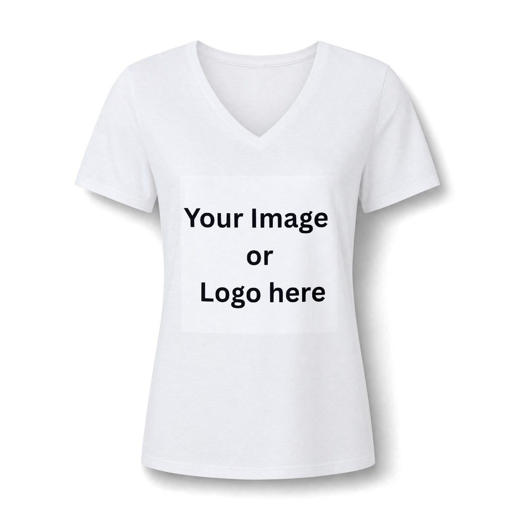 White women's relaxed V-neck T-shirt front with custom image or logo print area