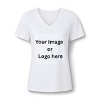 White women's relaxed V-neck T-shirt front with custom image or logo print area