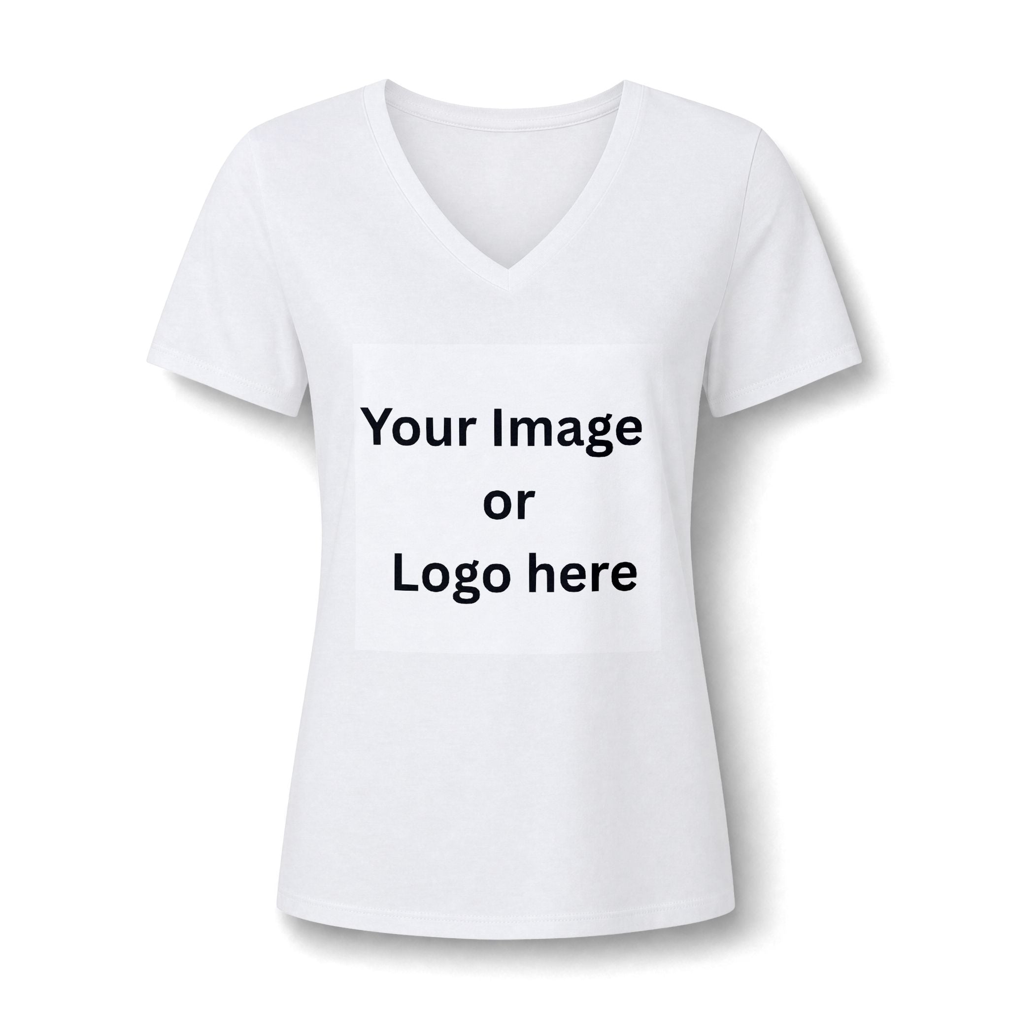 White women's relaxed V-neck T-shirt front with custom image or logo print area