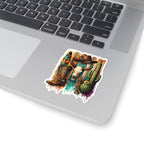 Close-up of the western boho cow skull, cowboy boot and cactus sticker design