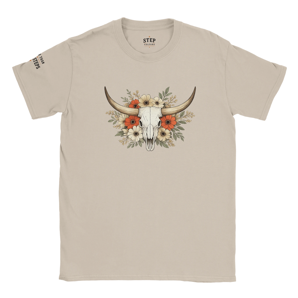 Longhorn skull and floral graphic tee shown in an alternate colour