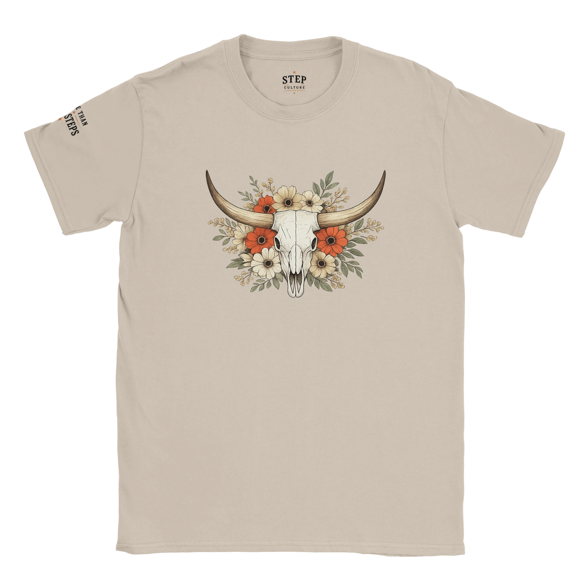 Longhorn skull and floral graphic tee shown in an alternate colour