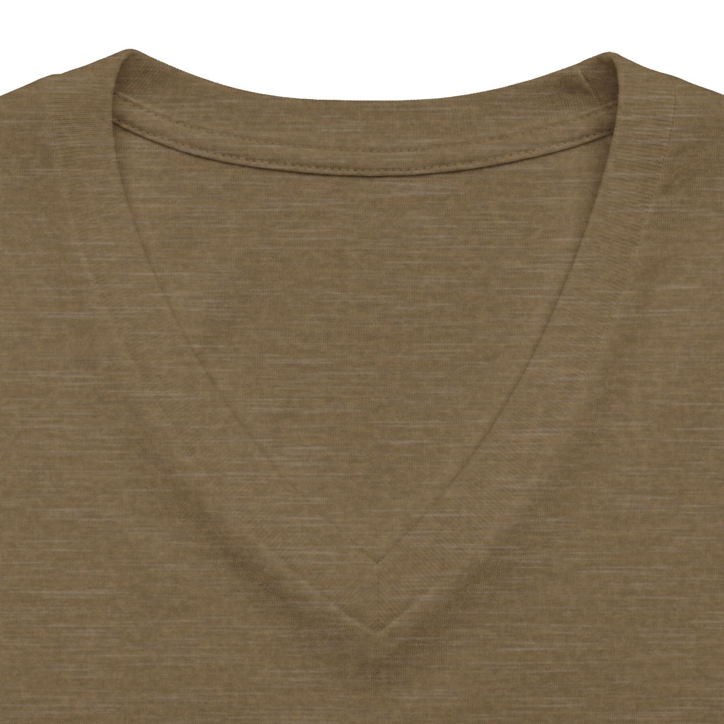 Heather olive personalised women's relaxed V-neck T-shirt fabric and neckline detail