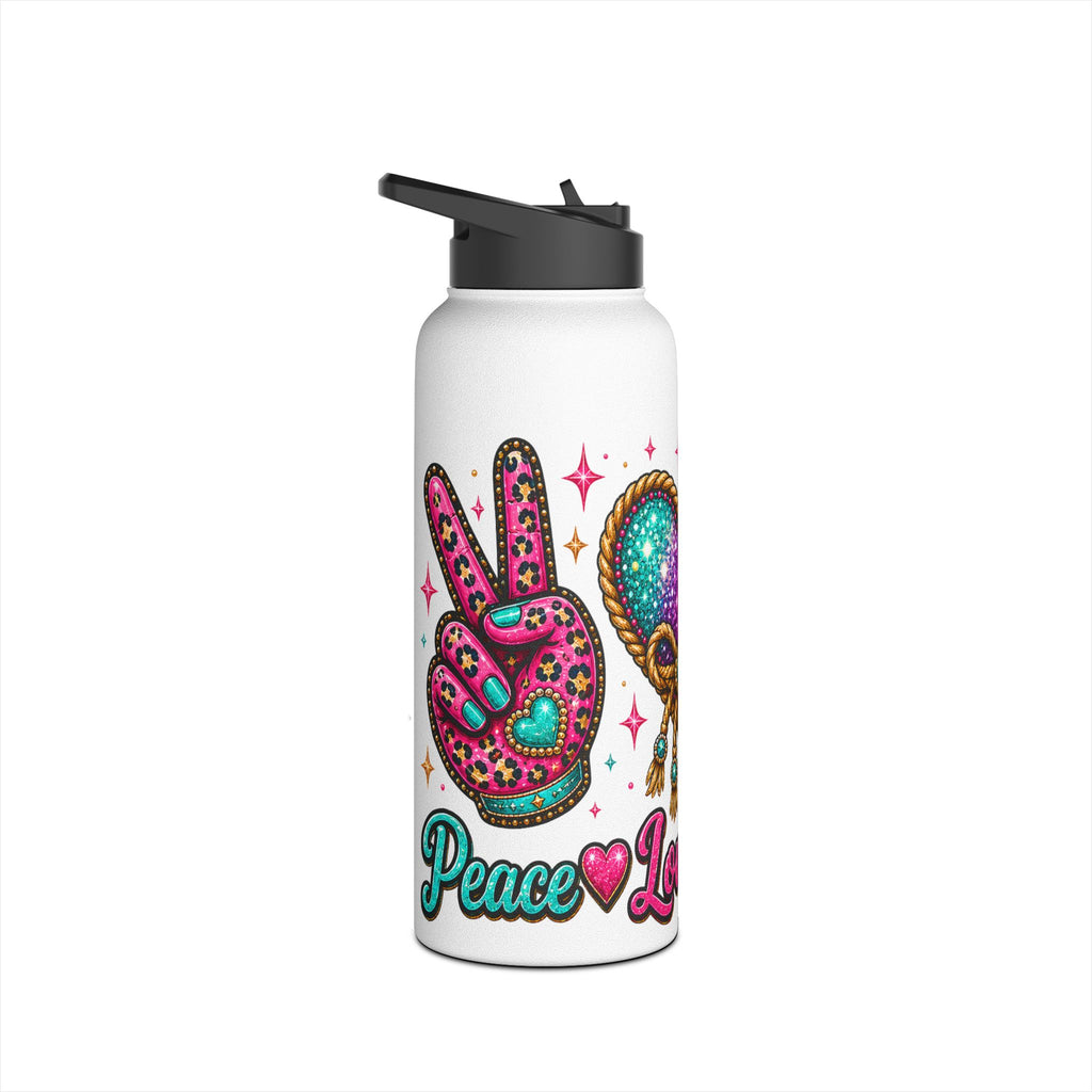 Peace Love Line Dance water bottle showing the wrap-around Western design